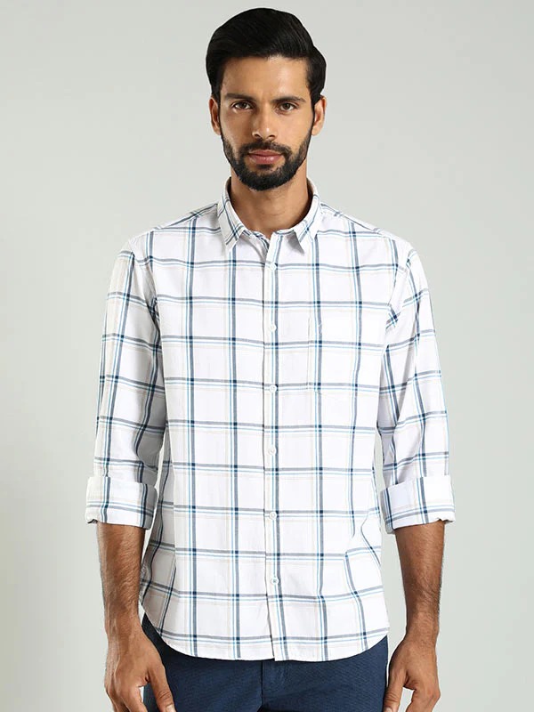 Indian Terrain Men's Regular Fit Full Sleeve Checkered White Shirt